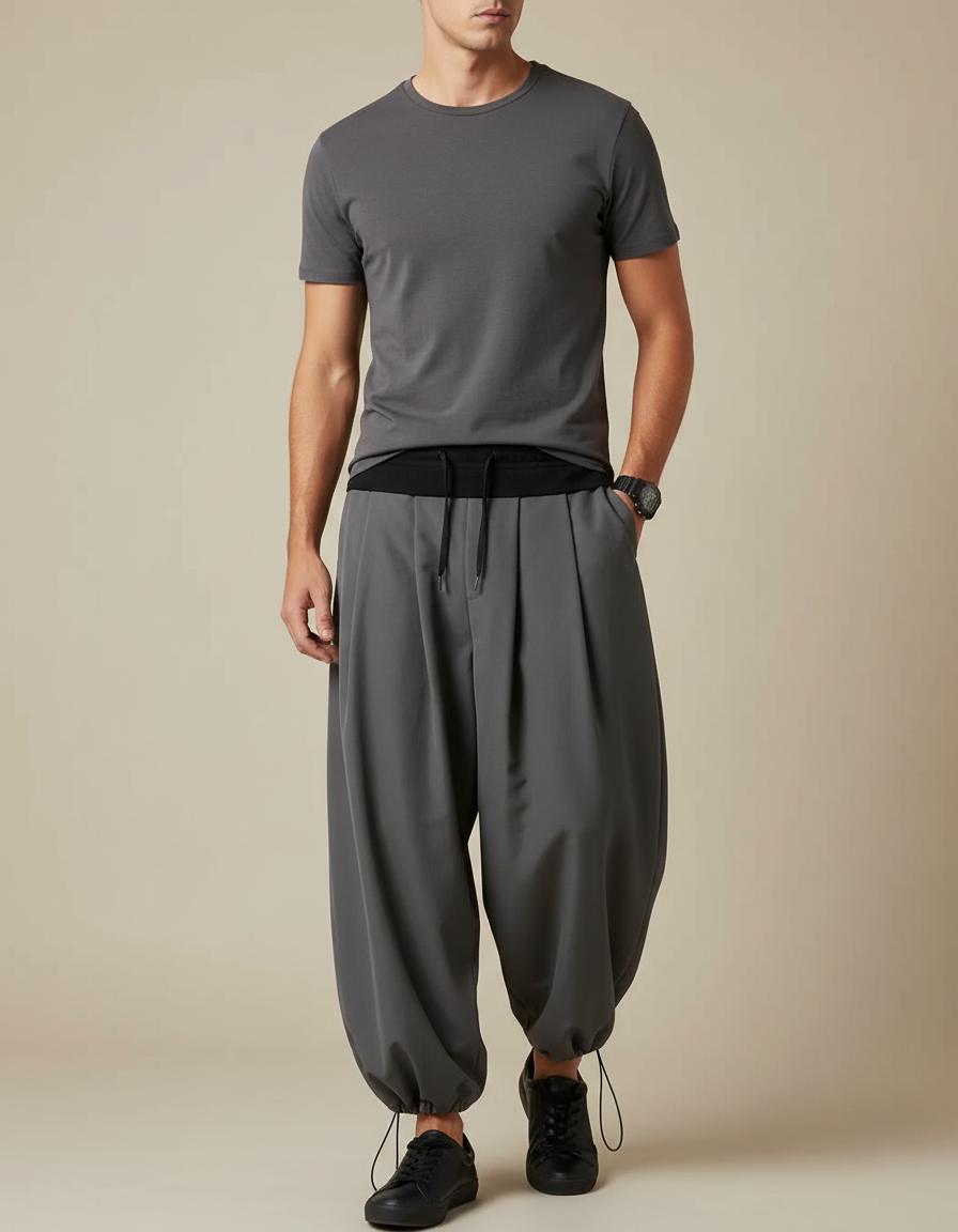Pantalon Fluide Gris Ample Cordon Plissé Confortable - Polyester