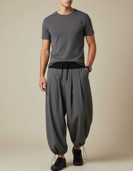 Pantalon Fluide Gris Ample Cordon Plissé Confortable - Polyester
