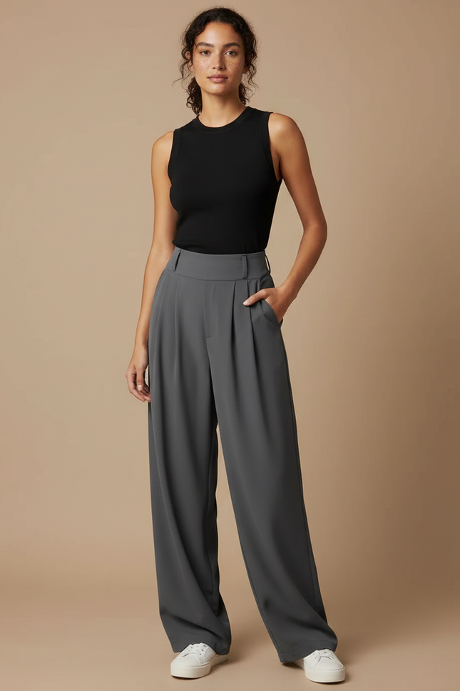Pantalon Fluide Gris Ample Plissé Taille Haute Élégant - Polyester