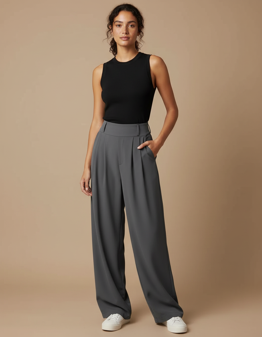 Pantalon Fluide Gris Ample Plissé Taille Haute Élégant - Polyester