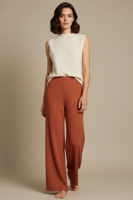 Pantalon Fluide Côtelé Large Marron Confortable Femme - Maille