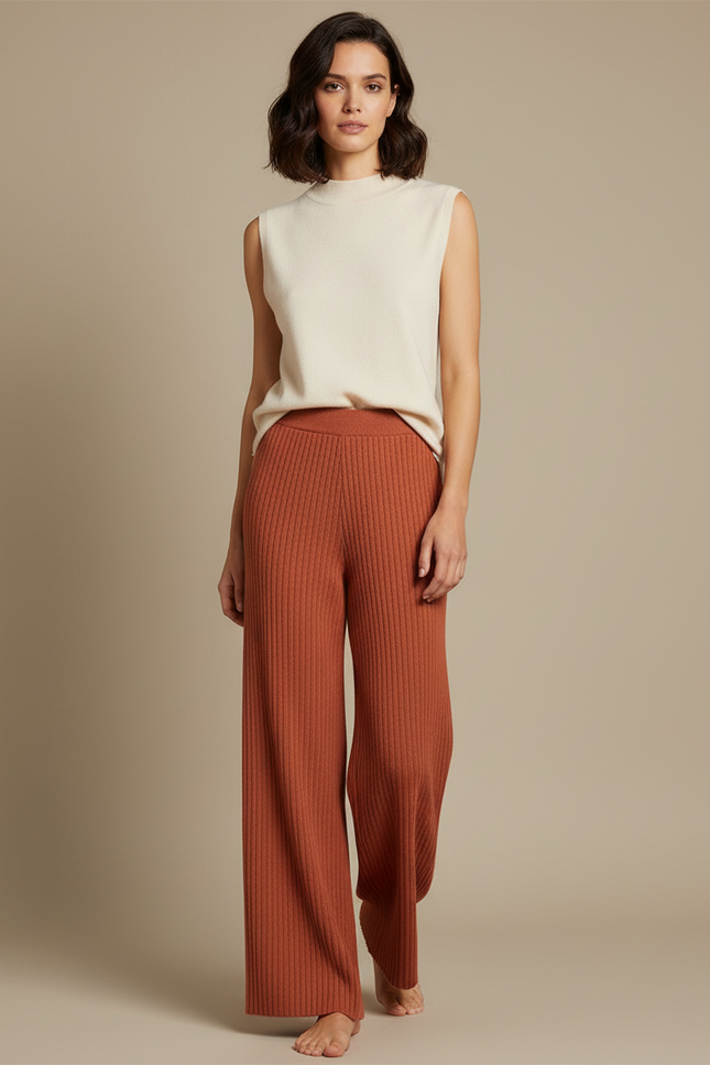 Pantalon Fluide Côtelé Large Marron Confortable Femme - Maille