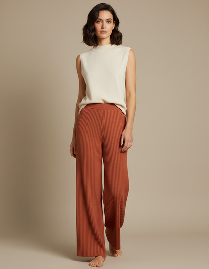 Pantalon Fluide Côtelé Large Marron Confortable Femme - Maille