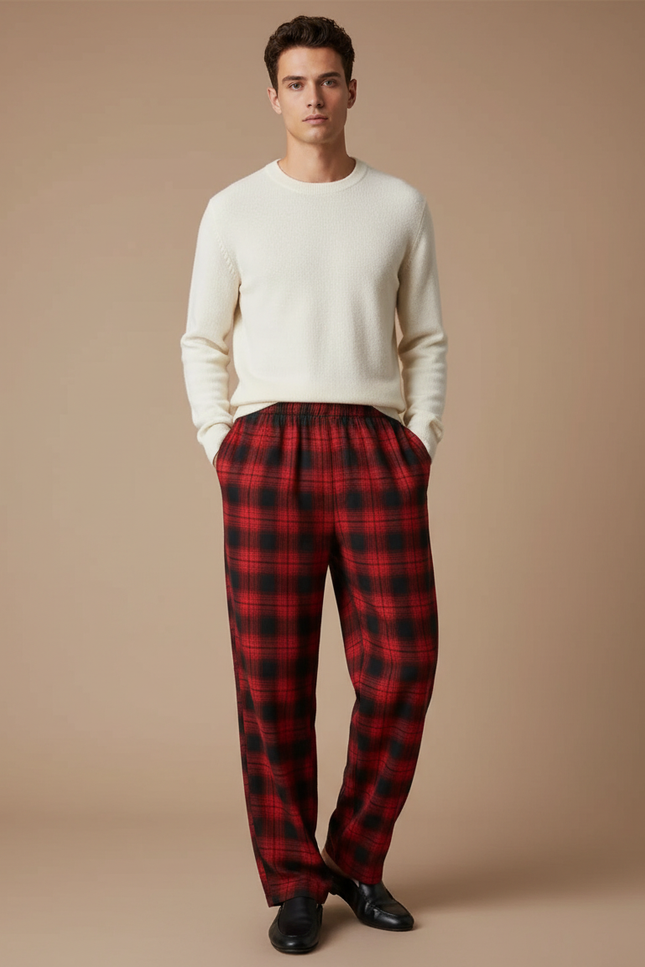 Pantalon Fluide Rouge Carreaux Ample Homme Décontracté - Molleton
