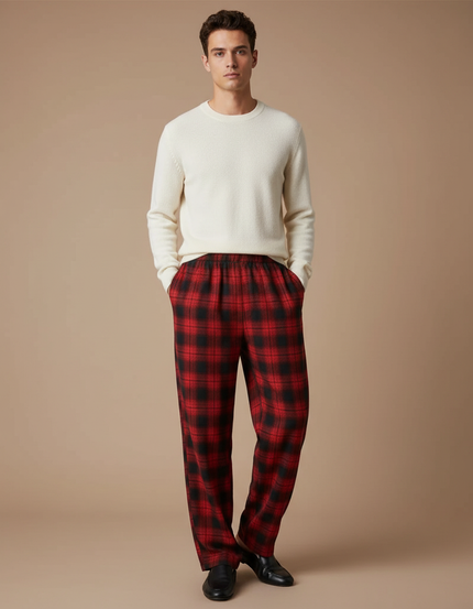 Pantalon Fluide Rouge Carreaux Ample Homme Décontracté - Molleton