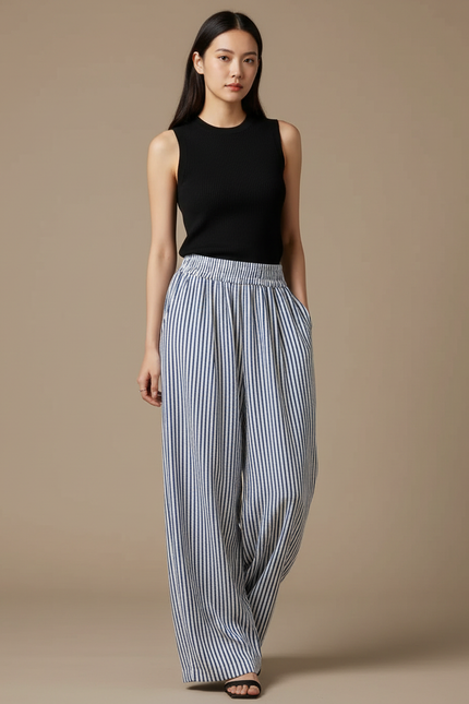 Pantalon Fluide Rayé Bleu Ample Confortable Léger - Marine Viscose