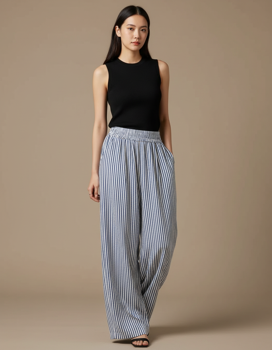 Pantalon Fluide Rayé Bleu Ample Confortable Léger - Marine Viscose