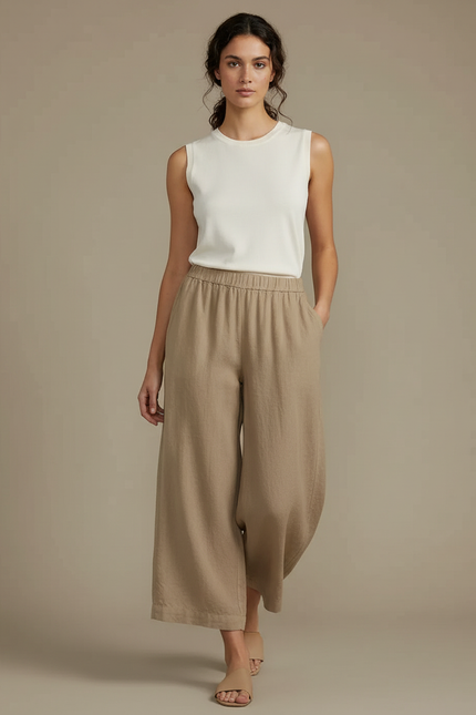 Pantalon Fluide Beige Ample Coton Lin Décontracté Femme