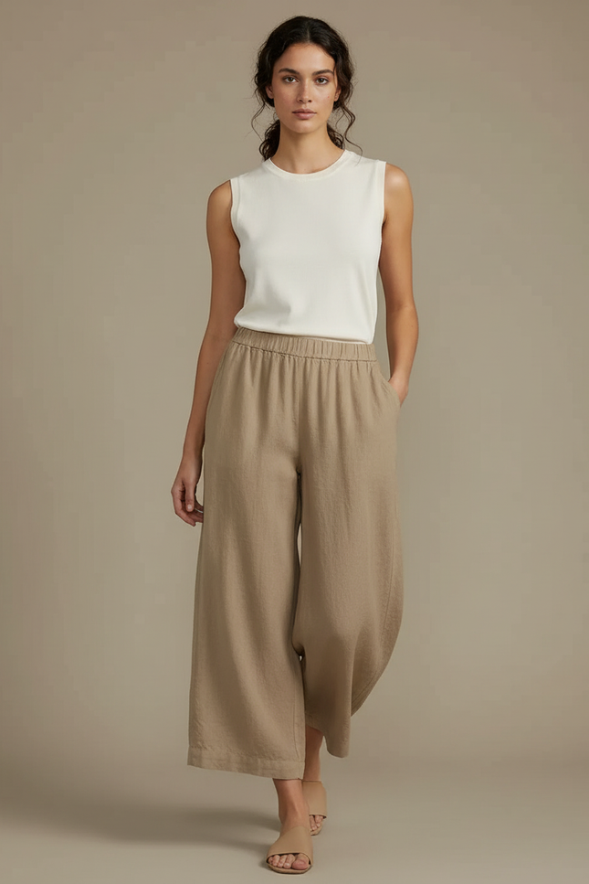 Pantalon Fluide Beige Ample Coton Lin Décontracté Femme