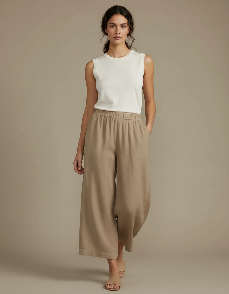 Pantalon Fluide Beige Ample Coton Lin Décontracté Femme