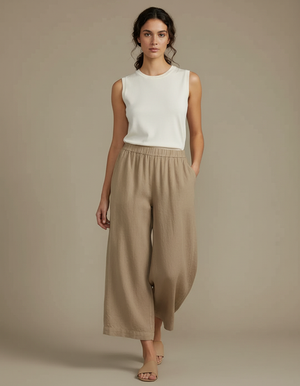 Pantalon Fluide Beige Ample Coton Lin Décontracté Femme