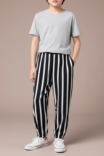 Pantalon Fluide Noir Rayures Blanches Ample Coton Enfant - Imprimé