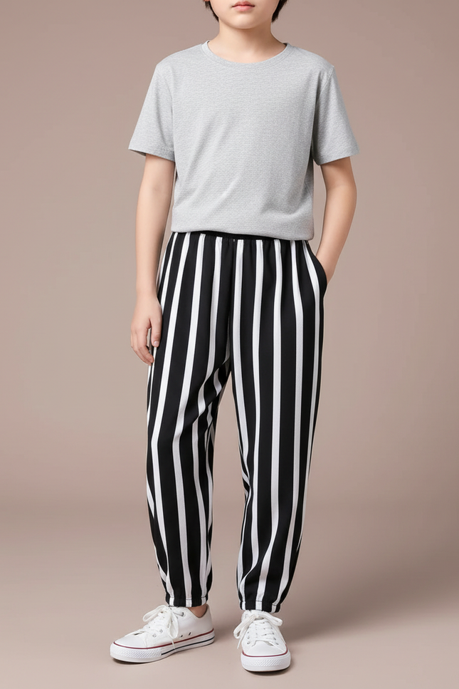 Pantalon Fluide Noir Rayures Blanches Ample Coton Enfant - Imprimé
