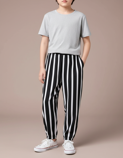 Pantalon Fluide Noir Rayures Blanches Ample Coton Enfant - Imprimé