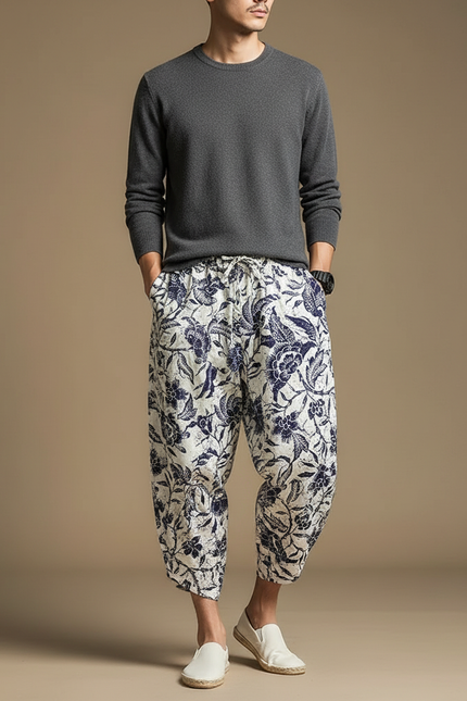 Pantalon Fluide Blanc Imprimé Floral Harem Coton - Lin