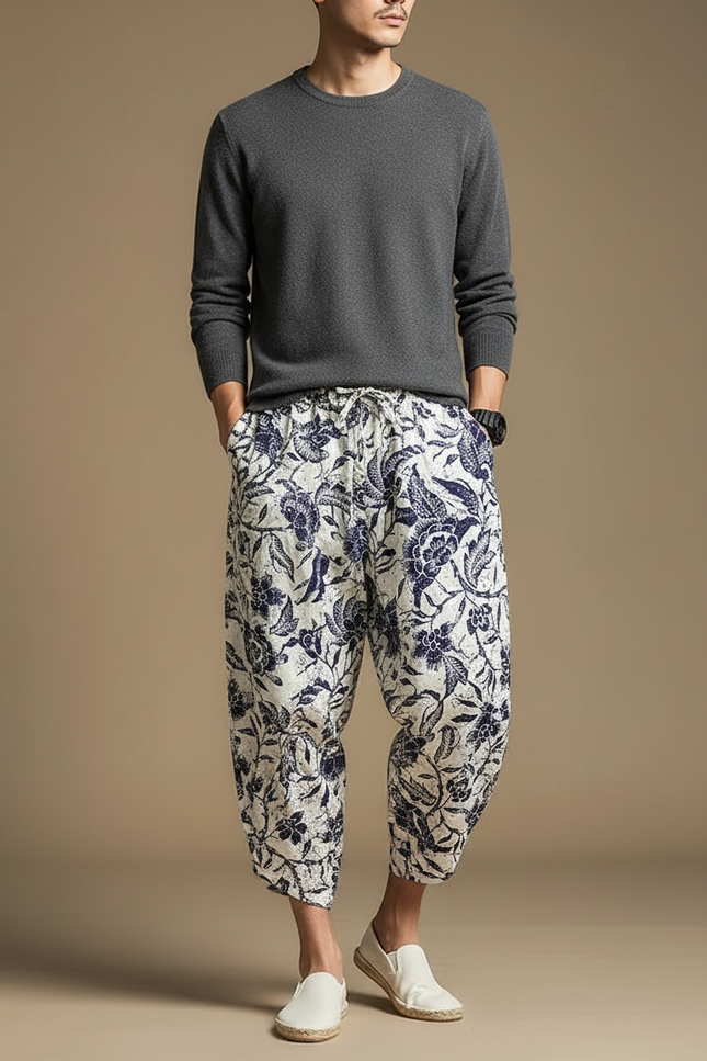 Pantalon Fluide Blanc Imprimé Floral Harem Coton - Lin
