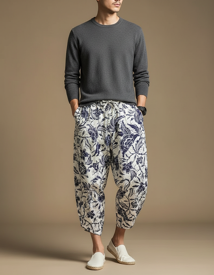 Pantalon Fluide Blanc Imprimé Floral Harem Coton - Lin