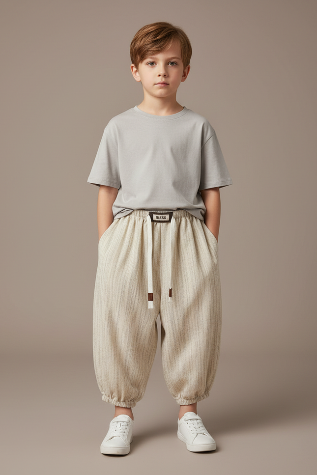 Pantalon Fluide Écru Rayé Ample Coton Enfant - Beige