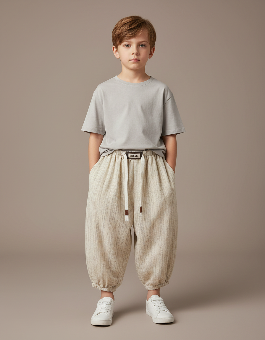Pantalon Fluide Écru Rayé Ample Coton Enfant - Beige