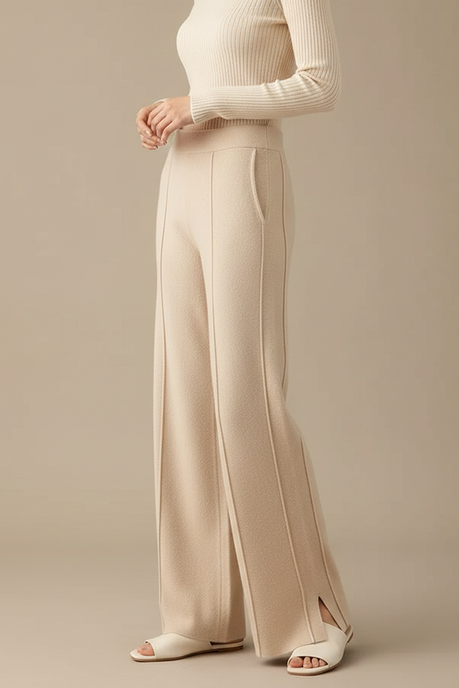 Pantalon Fluide Beige Maille Fendu Jambe Large