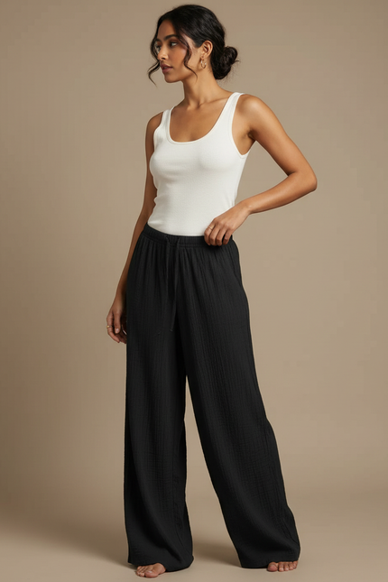 Pantalon Fluide Noir Ample Coton Taille Haute
