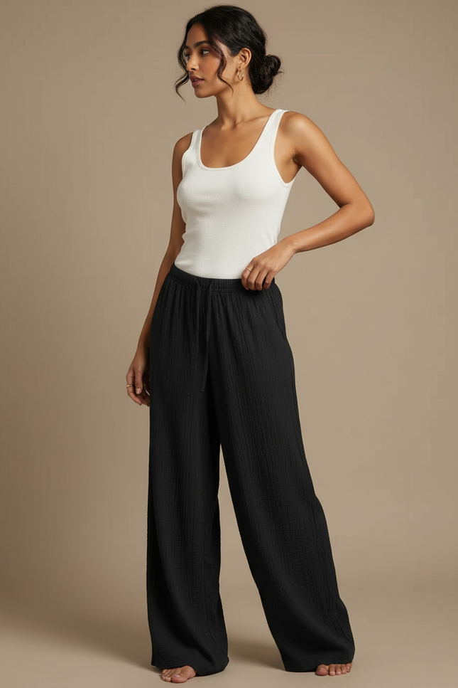 Pantalon Fluide Noir Ample Coton Taille Haute