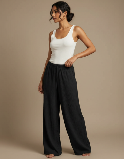Pantalon Fluide Noir Ample Coton Taille Haute