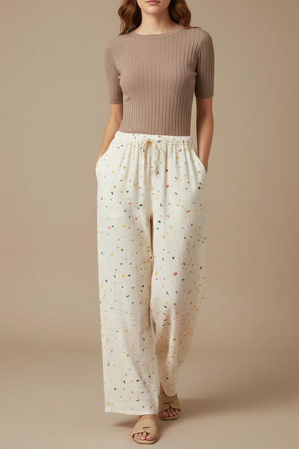 Pantalon Fluide Écru Ample Moucheté Coton Décontracté - Multicolore