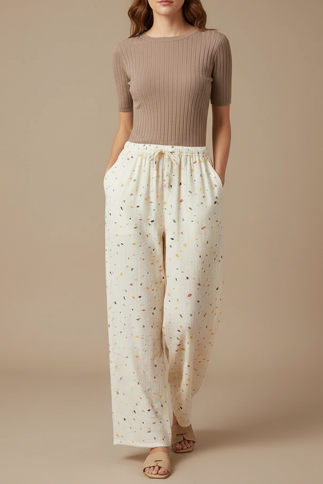 Pantalon Fluide Écru Ample Moucheté Coton Décontracté - Multicolore