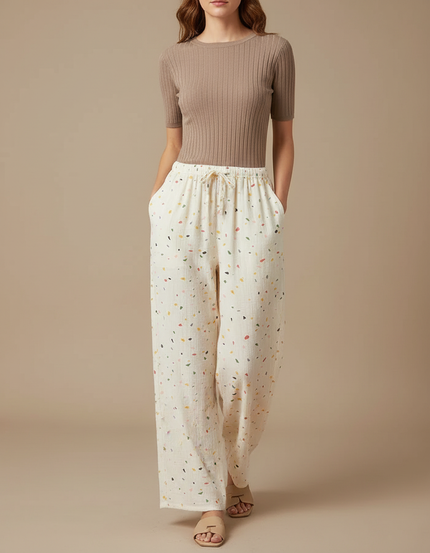 Pantalon Fluide Écru Ample Moucheté Coton Décontracté - Multicolore