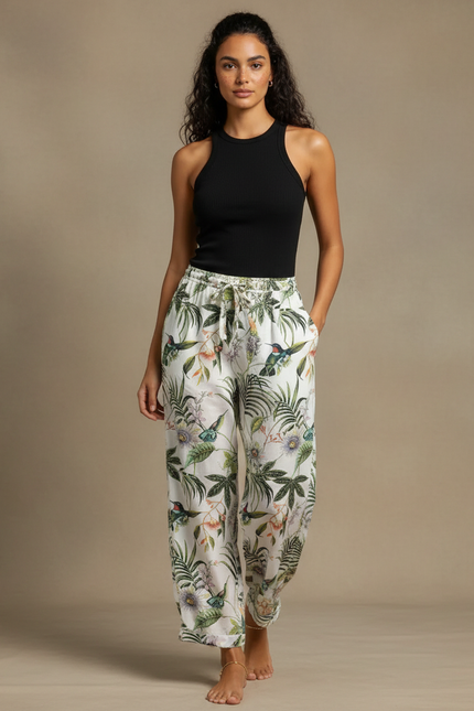 Pantalon Fluide Imprimé Tropical Ample Léger Estival - Lin
