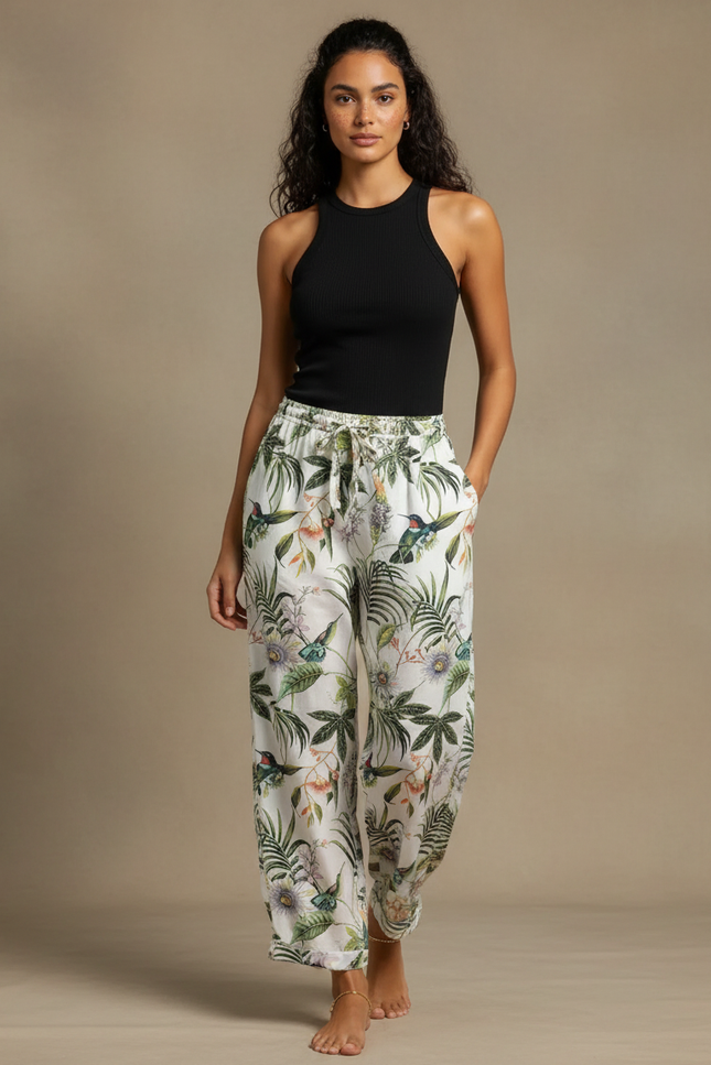 Pantalon Fluide Imprimé Tropical Ample Léger Estival - Lin