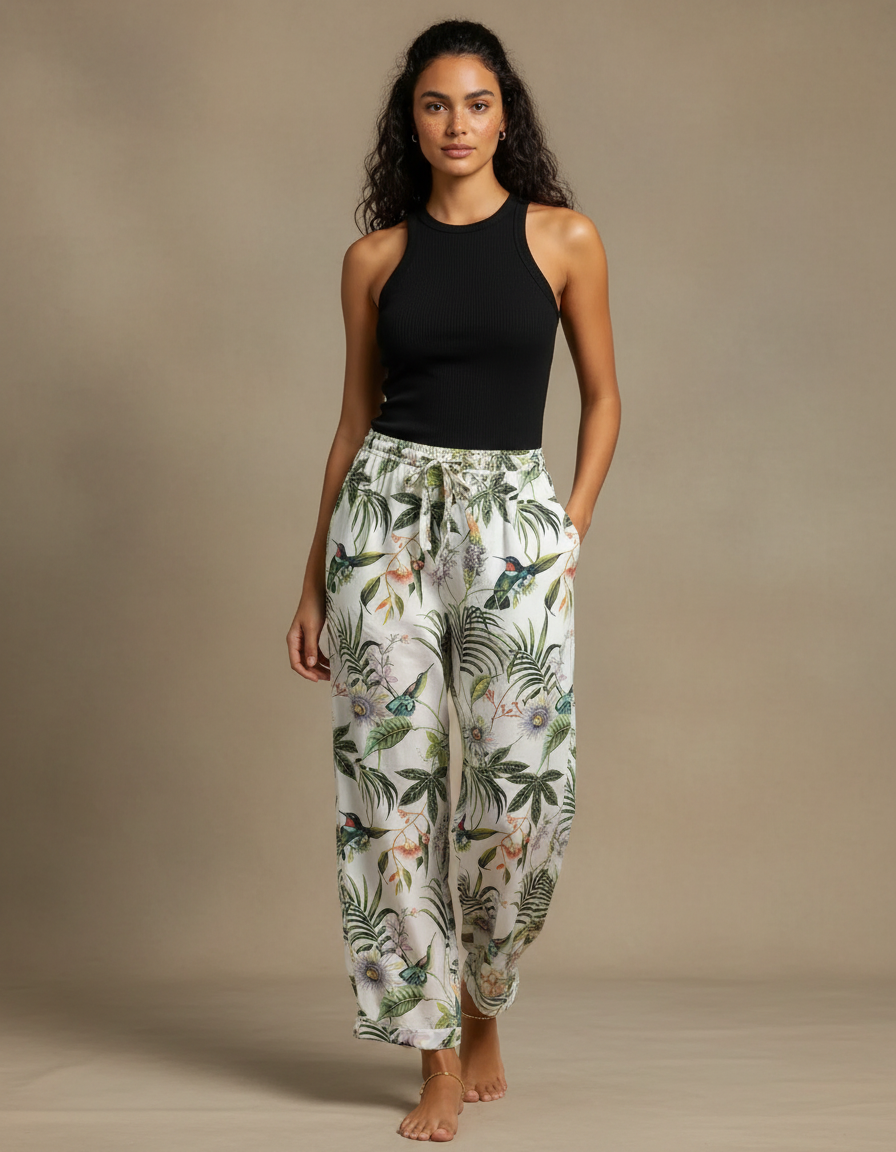 Pantalon Fluide Imprimé Tropical Ample Léger Estival - Lin