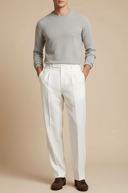 Pantalon Fluide Blanc Lin Droit Plissé Élégant Homme