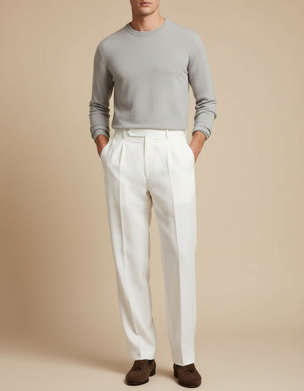 Pantalon Fluide Blanc Lin Droit Plissé Élégant Homme