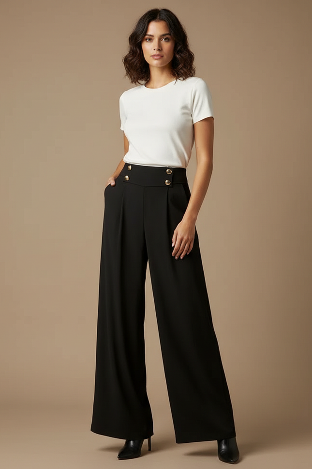 Pantalon Fluide Noir Ample Taille Haute Boutons - Viscose