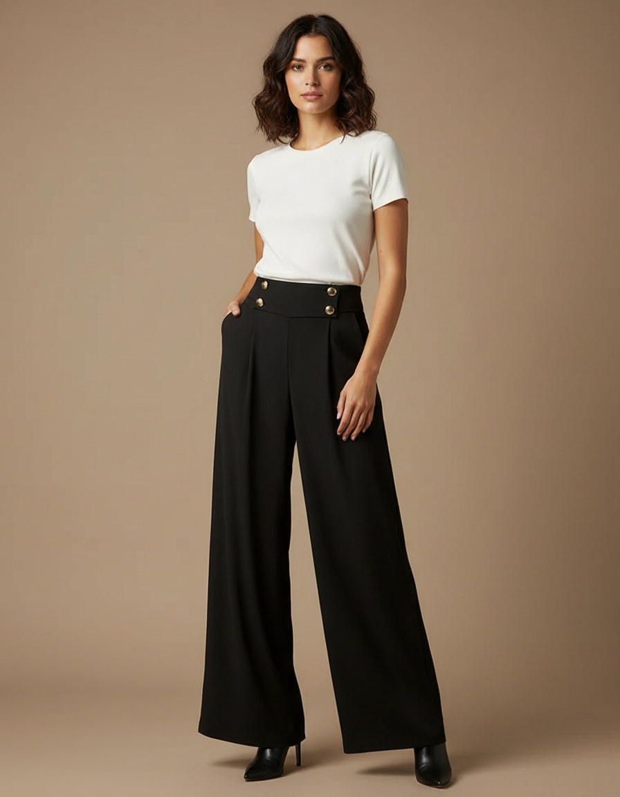 Pantalon Fluide Noir Ample Taille Haute Boutons - Viscose