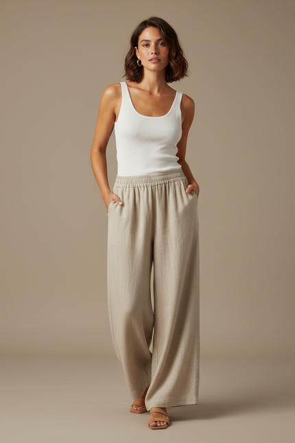 Pantalon Fluide Beige Lin Ample Décontracté Femme