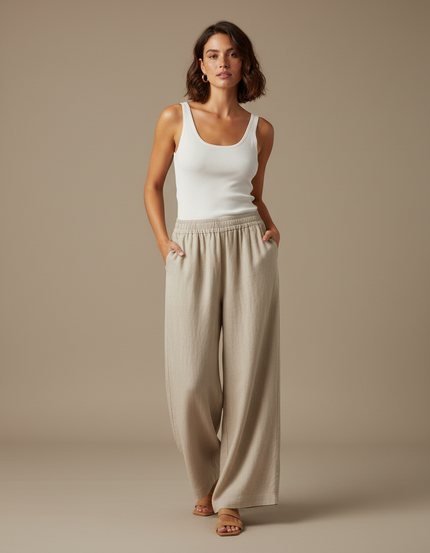 Pantalon Fluide Beige Lin Ample Décontracté Femme