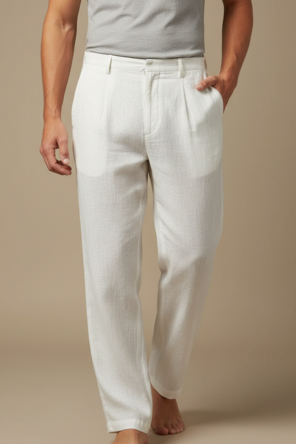 Pantalon Fluide Lin Blanc Plissé Décontracté Homme