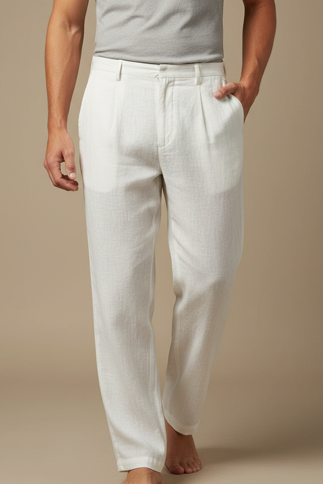 Pantalon Fluide Lin Blanc Plissé Décontracté Homme