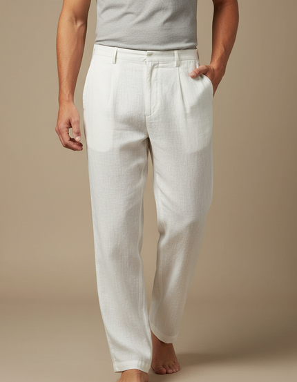 Pantalon Fluide Lin Blanc Plissé Décontracté Homme