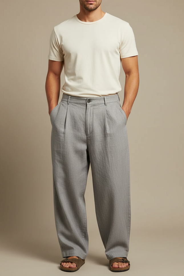 Pantalon Fluide Gris Lin Plissé Ample Homme