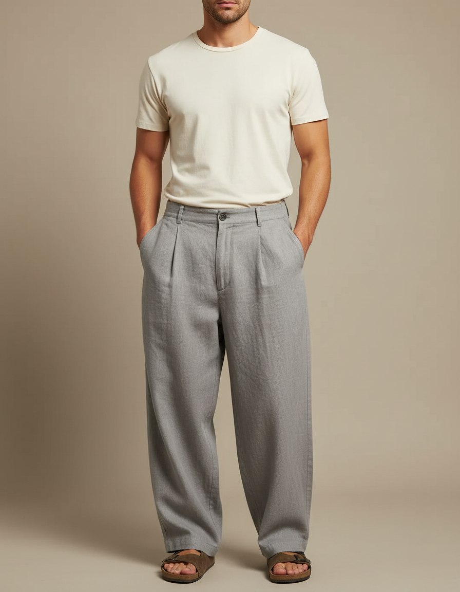 Pantalon Fluide Gris Lin Plissé Ample Homme