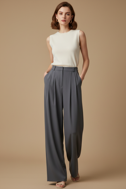 Pantalon Fluide Gris Ample Droit Élégant Femme - Polyester