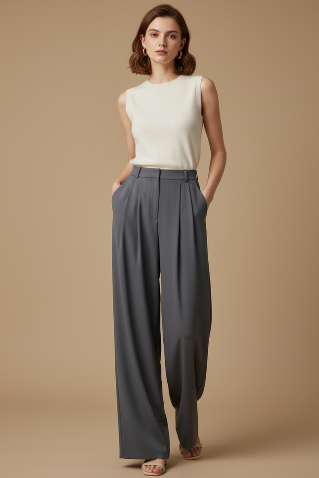 Pantalon Fluide Gris Ample Droit Élégant Femme - Polyester