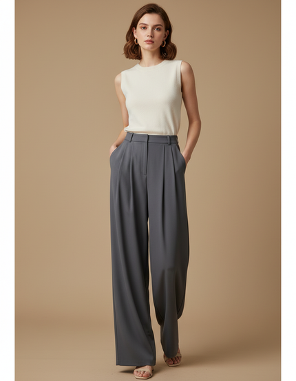 Pantalon Fluide Gris Ample Droit Élégant Femme - Polyester