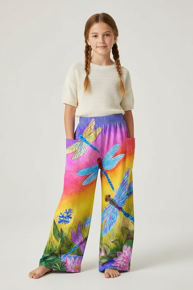 Pantalon Fluide Imprimé Libellules Coloré Ample Fille - Multicolore Polyester