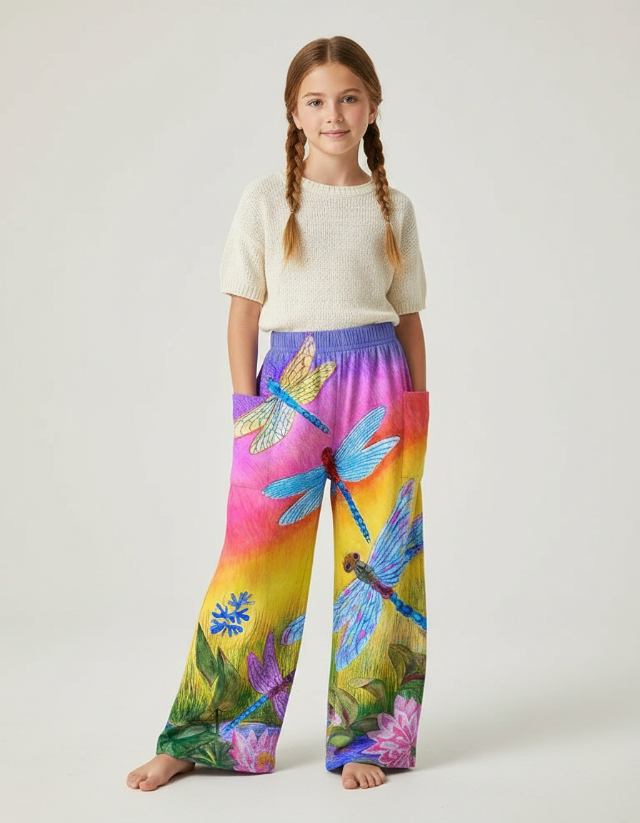 Pantalon Fluide Imprimé Libellules Coloré Ample Fille - Multicolore Polyester