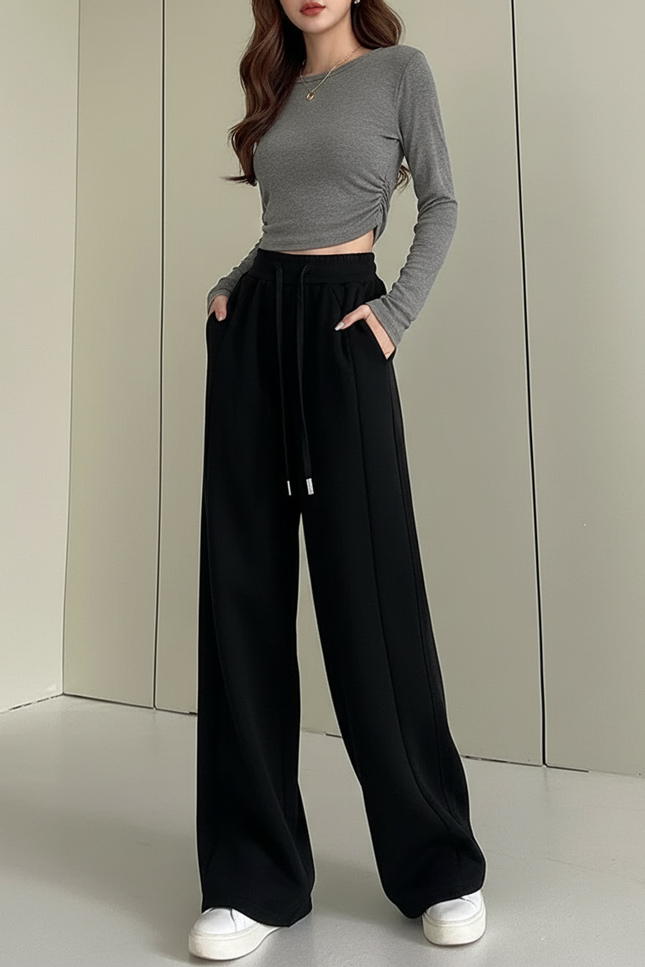 Pantalon Fluide Noir Ample Cordon Sport Molleton